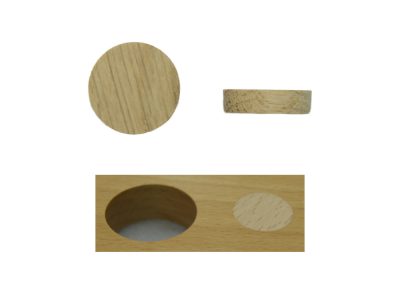 Artikel 117200 – Querholz Plättchen zum flächenbündigen Einleimen, sichtbare Fläche fertig geschliffen, 6 mm hoch, für 20 mm Ø Sackloch/Bohrung