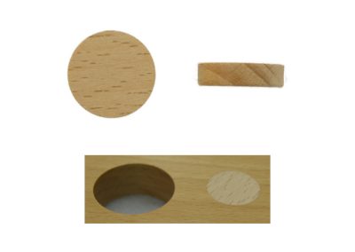 Artikel 117250 – Querholz Plättchen zum flächenbündigen Einleimen, sichtbare Fläche fertig geschliffen, 6 mm hoch, für 25 mm Ø Sackloch/Bohrung